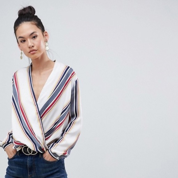 Boohoo Stripe Front Wrap Blouse - Picture 3 of 4